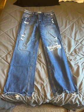 Flying Monkey Distressed Dark Blue Wide Leg Jeans